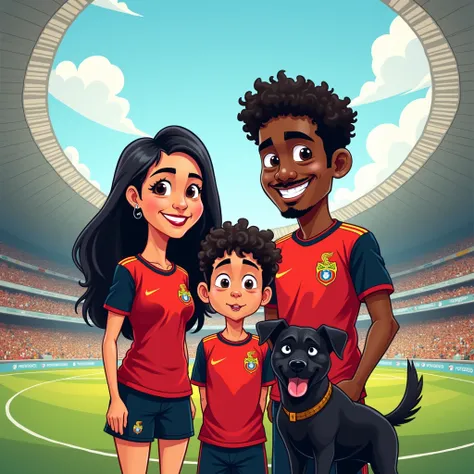  Image of a family wearing the Flamengo jersey ,  being a white woman with straight black hair ,   a  dark-haired boy with curly hair ,  a dark-skinned brown man with curly hair smiling 
A black-colored dog,  imagem design cartoom,  design,   Maracanã Stad...