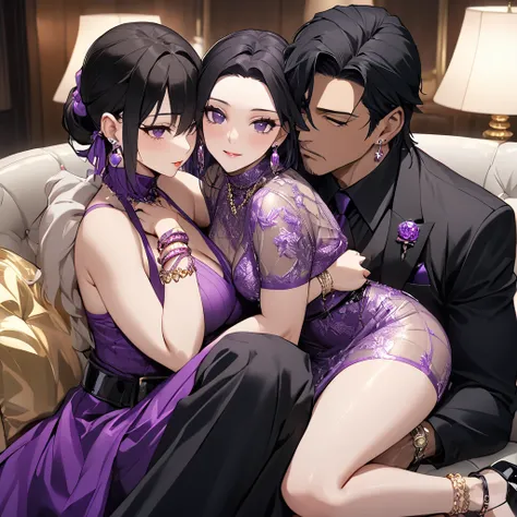  The woman who is the wife of the mafia boss has beautiful black hair with purple gradation color Kocho Shinobu, a vulgar, flashy shiny golden gorgeous see-through bodycon dress with jewelled earrings, bracelets, rings, necklaces, waist chains, etc. As the...