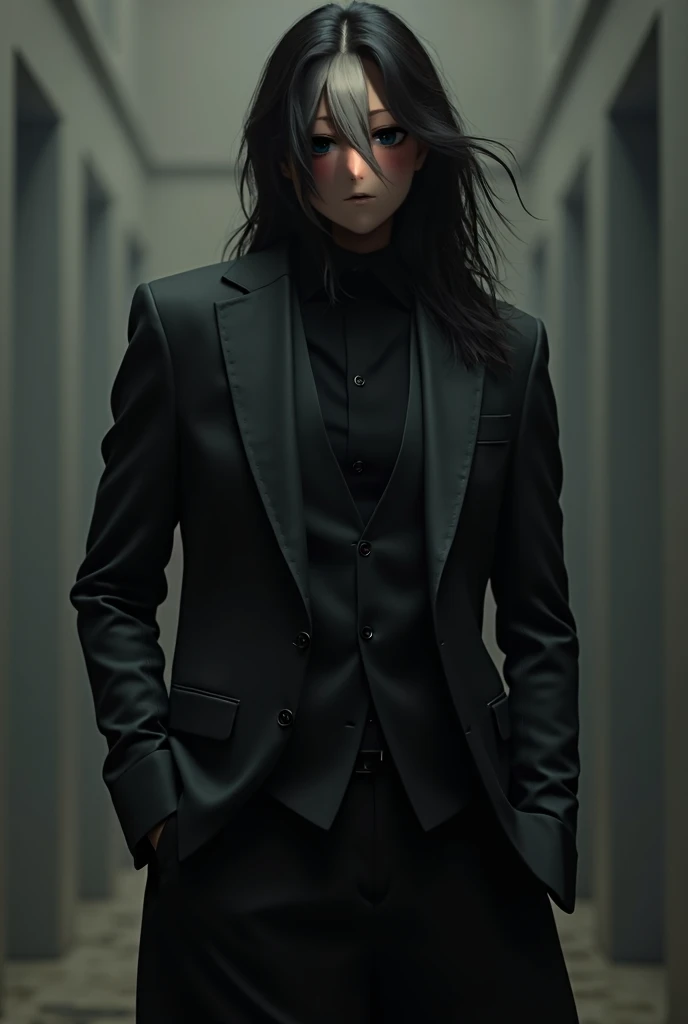 Long hair,black suit