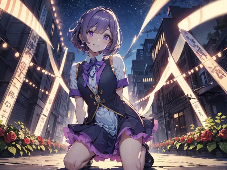 Alone、alone、One human girl、Human Ear、(Purple 　セーラー服)、( Purple Skirt)、( white half up hair)、( shorthair )、smile、 forward leaning position、slouch、Kneeling、Focus on the chest、 rose garden、 starry sky 、 Hi-Res, masterpiece, accurate,  anatomically correct,  wo...