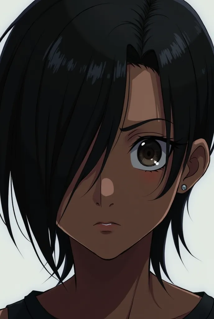 Dark skinned anime teenager with an asymmetrical medium length side swept straight hair where the hair is brushed to the left side of his face