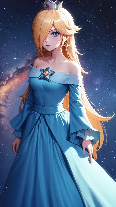 (masterpiece), best quality, expressive eyes, perfect face, highres, 1 girl, solo, rosalina, blonde hair, blue eyes, hair over one eye, long hair, blue dress, crown, dress, earrings, jewelry, princess, robe, bare shoulders, star earrings, space, starry bac...