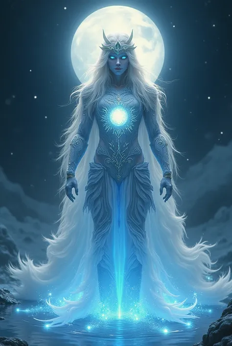 "A fluid, graceful being whose body flows between liquid light and moonlit beauty. The lower half should appear as soft, flowing water, while the upper body transitions into divine, glowing armor adorned with spiritual symbols. The face should express tran...