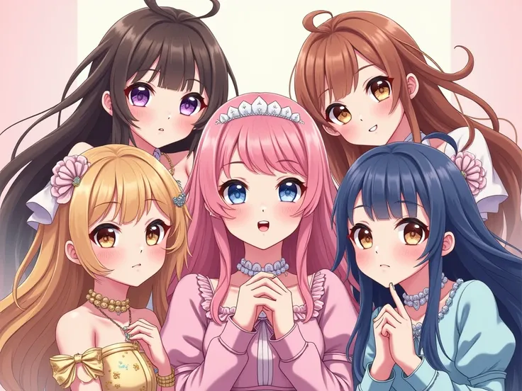 5 people、Adult-like idol,cute、 Illustration, Character portrait,  heavy makeup, 