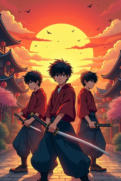 Create one each of a manga featuring three teenage boys with Katana covers in an oriental city with a sunset. 