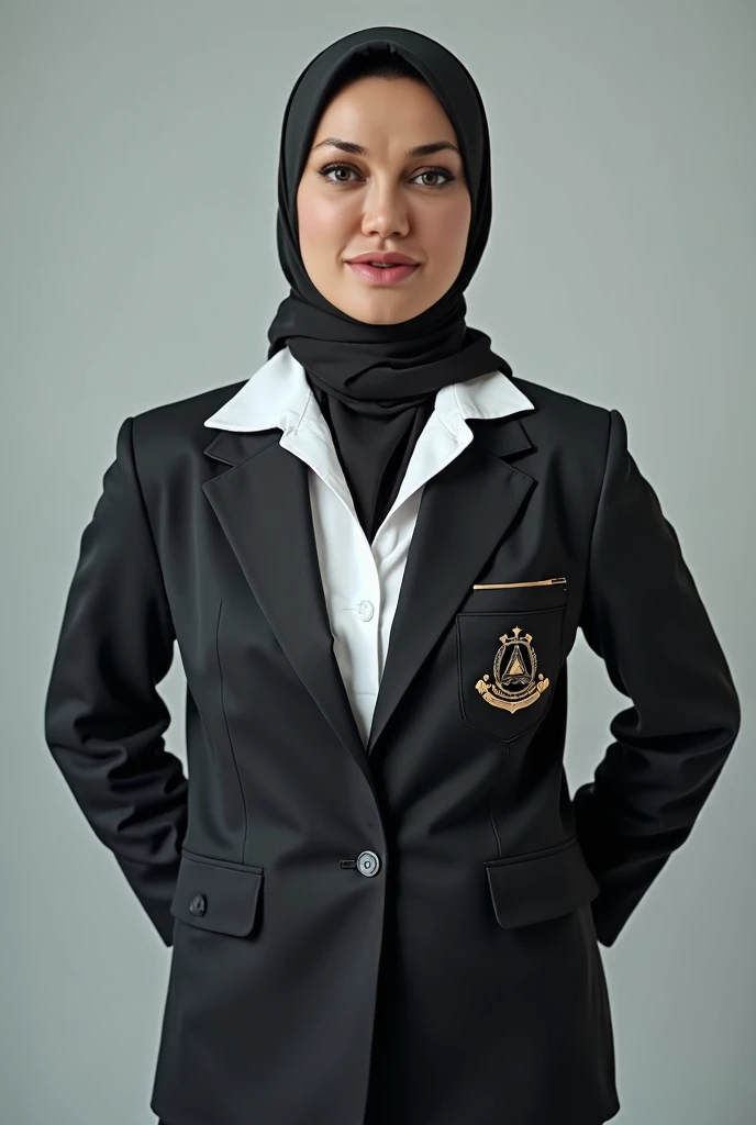 Big boobs malaysian, Image from the front, Big breast hijab woman in school uniform ,  Both hands behind the ass, Visible Oversize Bra.