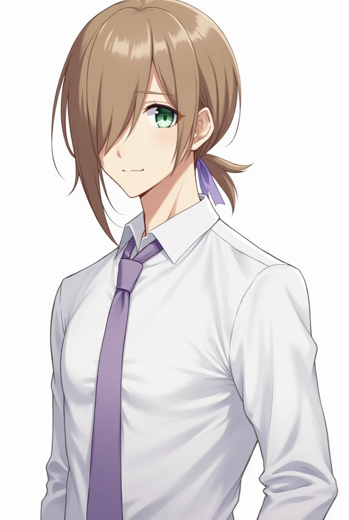 Appearance: A short man with straight and well-combed mid-length light brown hair tied in a low ponytail by a pale purple ribbon. A hair bang covers his right eye, but its still visible through the strands of hair. Round light green eyes. Youthful face. Fa...