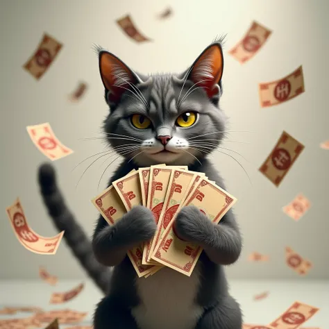 bill（Japanese yen） and small cards、High-definition images、4K、Rich cat、Realistic Cat、手で大量のbill（Japanese yen）Cat holding 、空中に舞うbill（Japanese yen）、cool slim cat