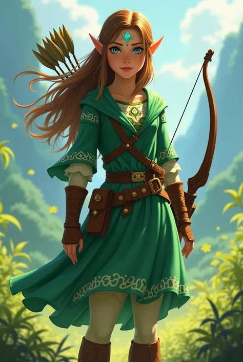 Zelda Breath of the Wild girl with brown hair blue eyes wears a green dress with a cape she has a belt with crystal on her forehead she wears a bow arrow