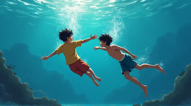 create a illustration of two friend sahil and atharva of age 14, in normal costume, sweaming under water in sea/ocean, where sahil is not able to swim (droaning down) with expression of fear and atharva is saving him. With lively background of sea underwat...