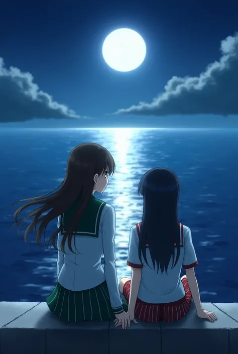 2 s sitting on a concrete with the sea infront of them and a full moon, the first girl is wearing a uniform with white longsleeve and green stripped skirt while the other girl is wearing a unifrom with white polo and stripped red pants. The first girl has ...