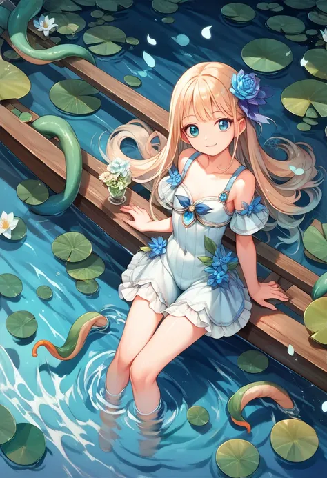 Masterpiece,anime style,young Girl, A wide lake, beautiful nature, clear water, a girl rowing a boat, a smile,(( a mysterious tentacle emerging from the water))