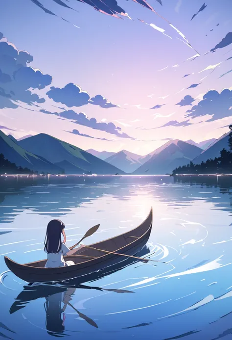 Masterpiece,anime style,young Girl, A wide lake, beautiful nature, clear water, a girl rowing a boat, a smile,(( a mysterious tentacle emerging from the water))