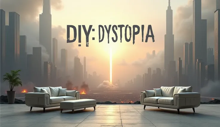 title "DIY: Dystopia ( in typical Ikea writing style )  centered at the top of the picture.

 A minimalistic design with a bright ,  clear background .  A gloomy , burning , futuristic urban landscape,  serves as a backdrop ,  overlaid by stylized Ikea fur...