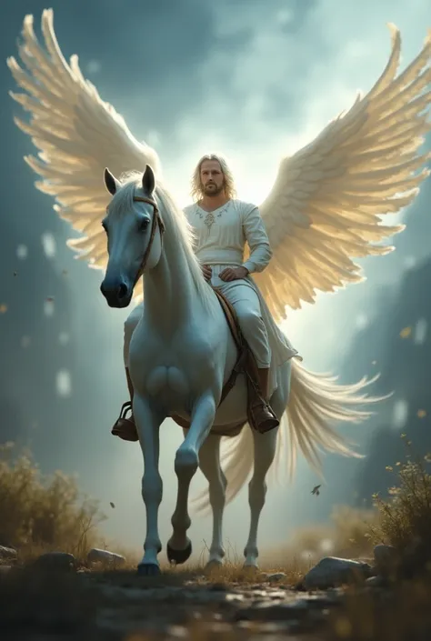 White horse with rider who is God who shines without wings for advertising apocalypse a biblical battle with transparent animated background
Another