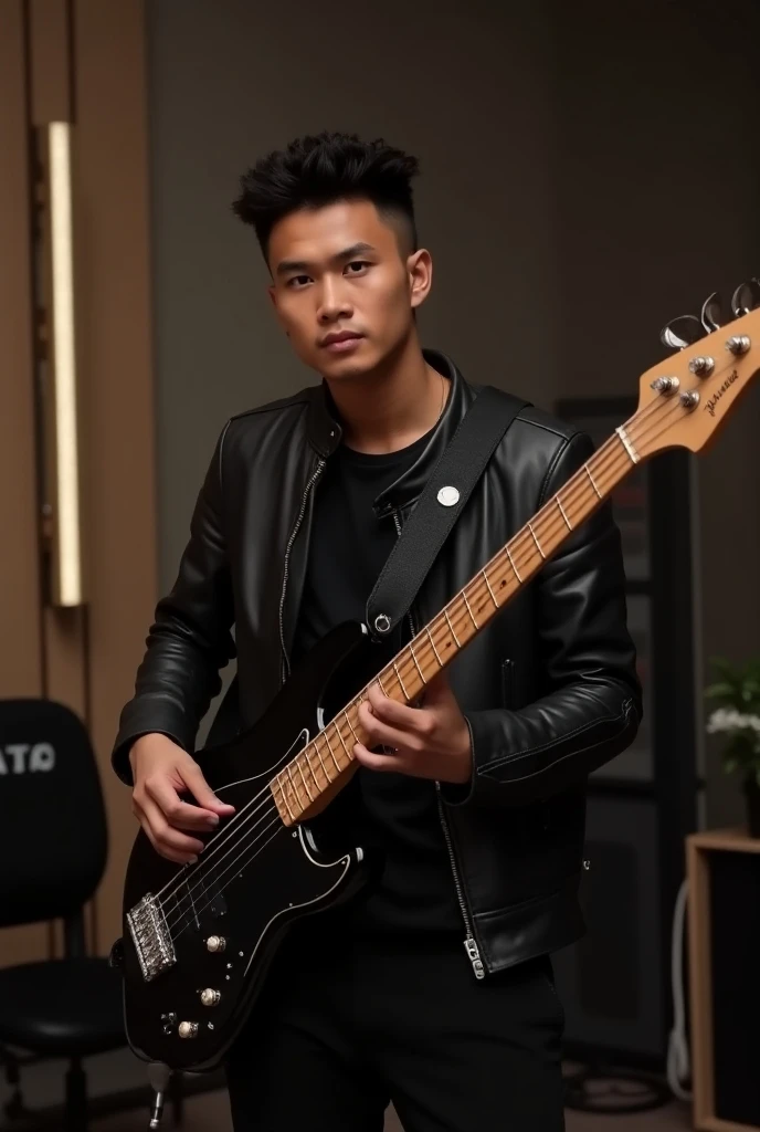 Indonesian men,25 years old, Short haired neat curls jacketed leather black pants playing electric bass guitar standing clearly visible facing camera inside studio. realistic .focus
