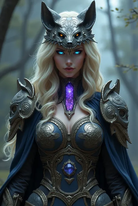 Fantasy, medieval, female, wolf ears, blonde hair, Bone Armor,Patterns on the armor, Skull Mask, Wolf Skull Mask, A necklace with a shining crystal, A necklace with a shining purple crystal, Shining blue eyes