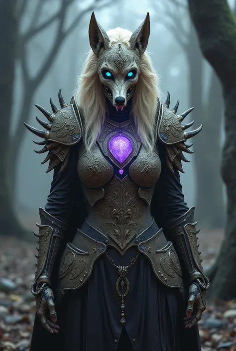 Fantasy, medieval, female, wolf ears, blonde hair, Bone Armor,Patterns on the armor, Skull Mask, Wolf Skull Mask, A necklace with a shining crystal, A necklace with a shining purple crystal, Shining blue eyes