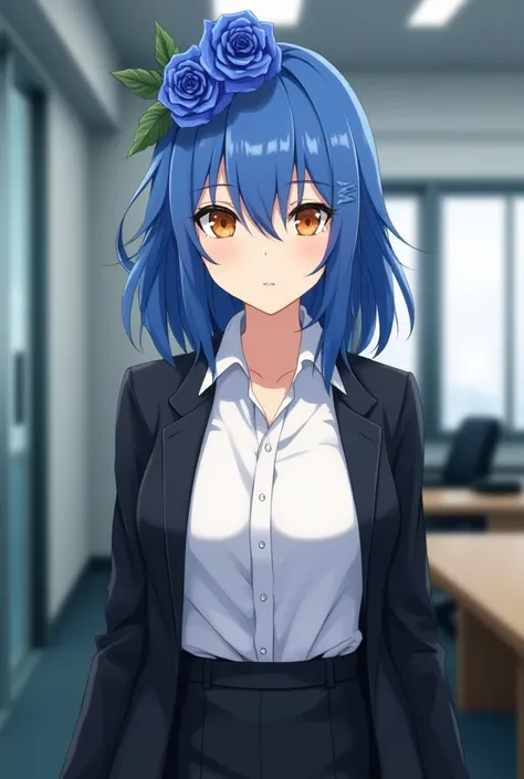 A girl with blue hair up to the shoulders, orange eyes , adult face , white shirt 3 buttons are open , black coat , medium boobs , a blue rose on head but slightly left , a office background and a black pant , Naruto anime style, full body picture 