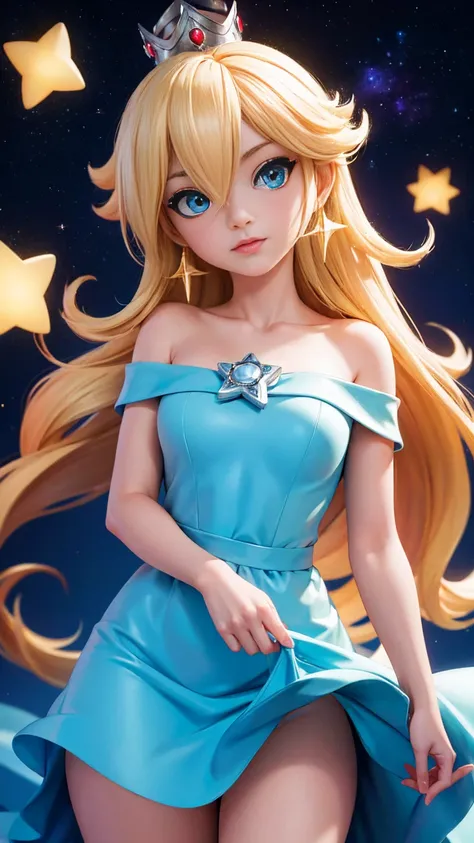 (masterpiece), best quality, expressive eyes, perfect face, highres, 1 girl, solo, rosalina, blonde hair, blue eyes, hair over one eye, long hair, blue dress, crown, dress, earrings, jewelry, princess, robe, bare shoulders, star earrings, space, starry bac...