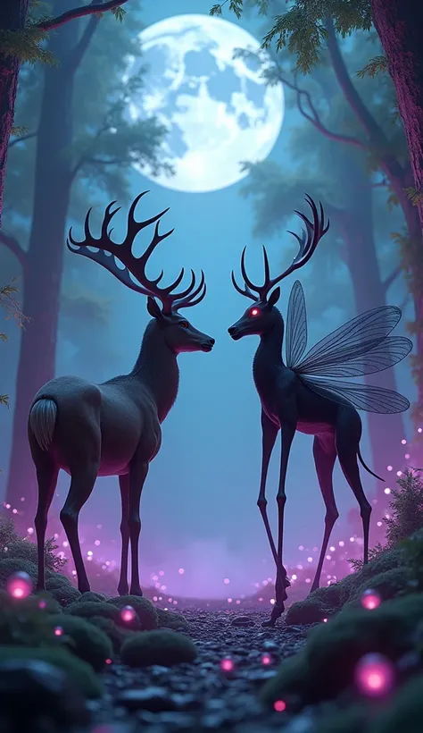 "Create a photorealistic mid-shot image of a confrontation between a majestic deer and an enormous mosquito, both in an angry, intense mode, facing each other in a standoff. The deer, standing around 6 feet tall at the shoulder, has a muscular frame with a...