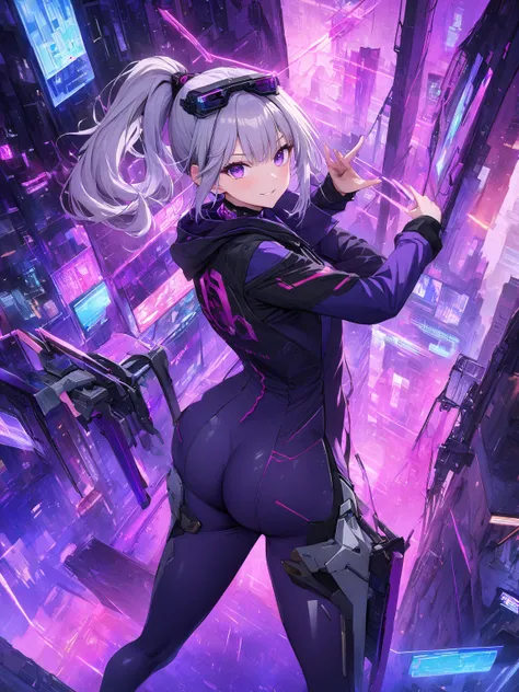 (Highest quality, 4K, 8K high resolution, Masterpiece: 1.2), Absurd, Detailed textures, (Perfect anatomy), Smooth skin,

1 girl, looking at the viewer, Slim figure,

Long platinum blonde hair, Ponytail, Deep purple eyes, AR goggles, Cropped black hooded co...