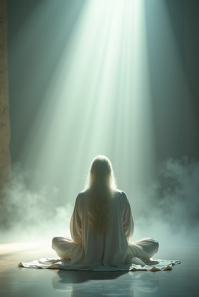 Faint faint light environment ， 1 old man with long white hair wearing white robes，Front close-up of legs sitting on the floor