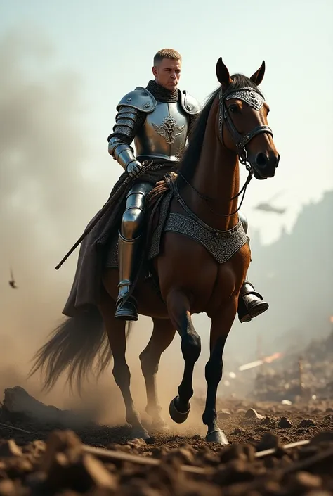 Draw halland as a knight on horse 
in battlefield realistic 