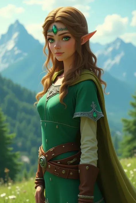 Zelda Breath of the Wild girl with green dress with belt she has brown hair with green eyes she wears a cape she has a forehead silver band with green crystal and elf ears