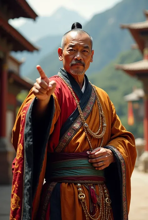 Bhutanese man, gho tradition dress, pointing finger,
