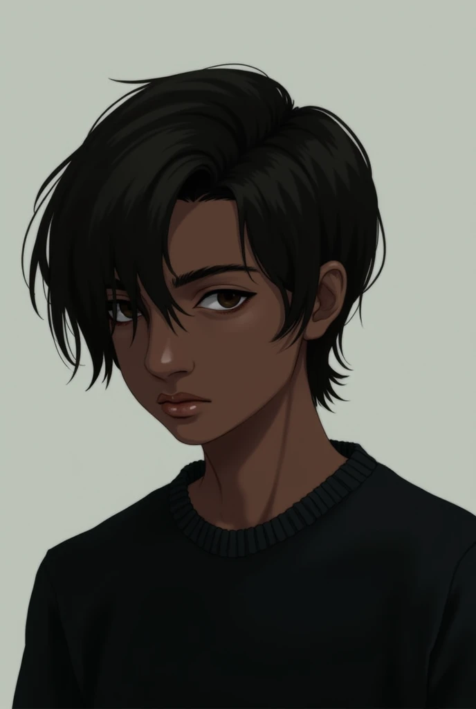 Dark skinned male teenager with an asymmetrical medium length side swept straight hair where the hair is brushed to the left side of his face, and a black sweater