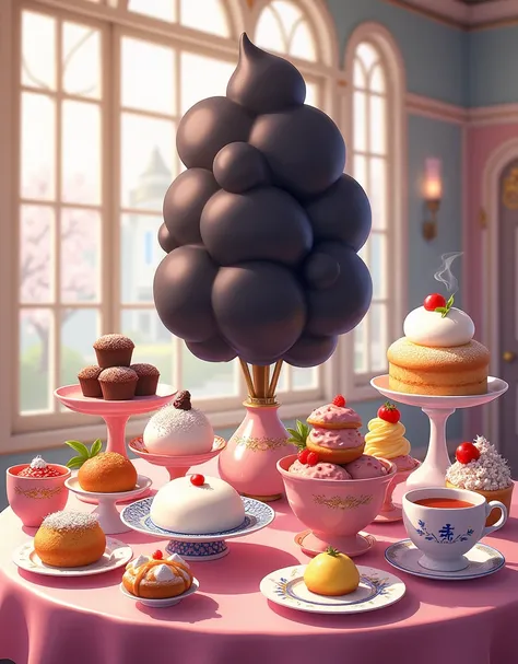 Anime style,Sweets buffet, sweets on the table, black cotton candy, a sweet red bean soup, a pure white sparrow-shaped bun, hot milk with lemon fruit, carrot cake sprinkled with sugar,