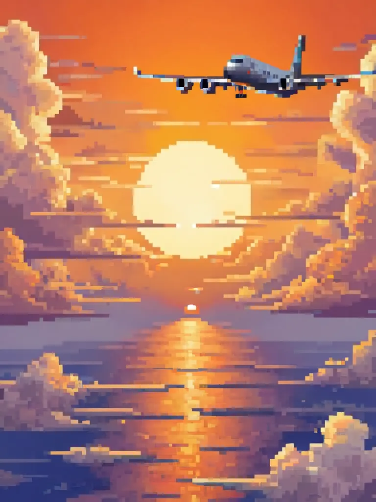 pixel art, flying plane, orange sky, clouds