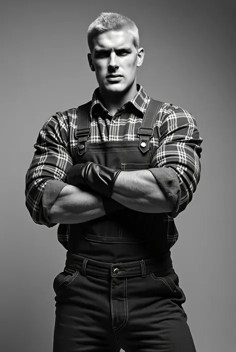 Hot muscular guy wearing a flannel, overall and a black rubber glove. His hair is blond and a buzz cut. He poses with his arm crossed (old black and white photo)