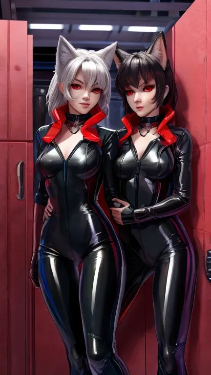 Two humanoid foxes together, furry, wearing a black latex jumpsuit,  with gray fur and black and red eyes and with seams on its body,  with a futuristic metal necklace around her neck ,  in a laboratory leaning against the wall 