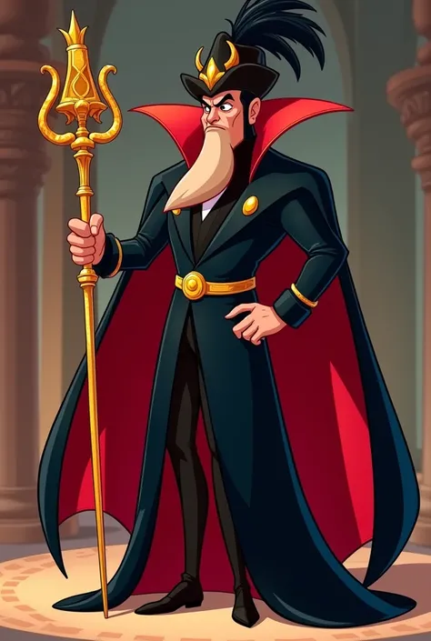 **Prompt for the Cartoon Animated Image**:  
"Create a cartoon-style illustration of a tall, sinister villain with a dramatic and elegant appearance. He wears a black and red robe with flowing sleeves and a high-collared cape, exuding an aura of power. His...