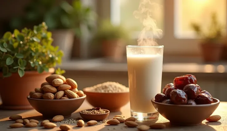 visually appealing and educational image series showcasing the benefits of natural ingredients for bone health. A warm, cozy kitchen setting with a steaming glass of milk, surrounded by almonds, dates, flaxseeds, and honey in beautifully arranged bowls. Hi...