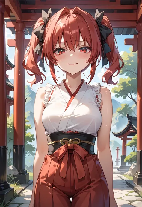 (masterpiece),(best quality),(ultra-detailed), (illustration), (an extremely delicate and beautiful) BREAK 1 girl,solo,shrine maiden outfit,Sleeveless,red hakama BREAK (twintails:1.1),(black:1.4) ribbon,scarlet hair,middle breasts,baby face,blush,feel horn...