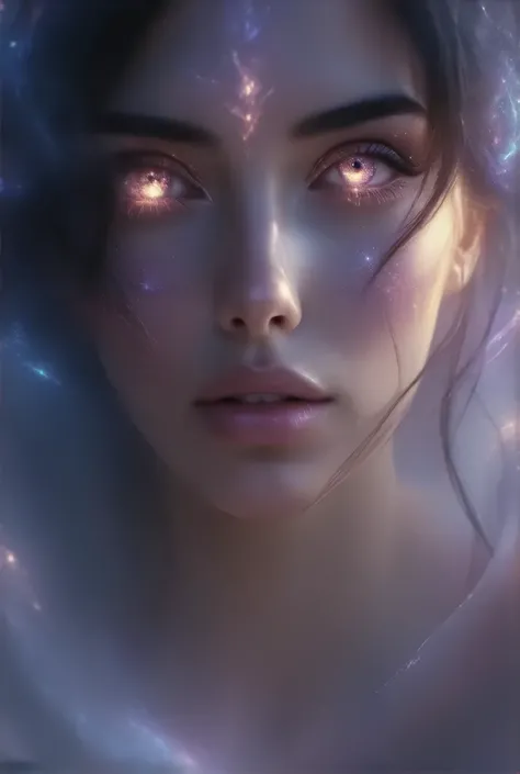 A close-up shot of a stunningly beautiful woman looking directly at the viewer, her expression a mix of awe and quiet power as she experiences a supernatural phenomenon. Her glowing, otherworldly eyes seem to pierce into the soul, radiating a mysterious li...