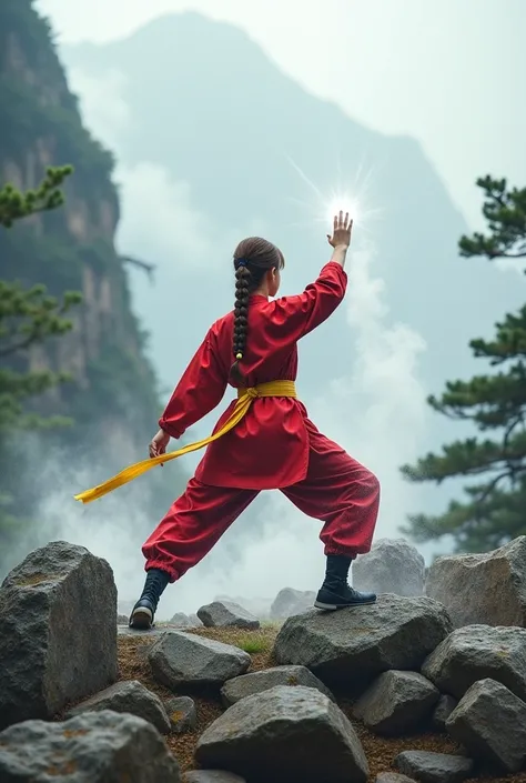  (((1 girl、))),  (((light brown hair、braid hair)))、(((Red Chinese uniform、Yellow belt on the waist、 black pants、Black shoes )))、(((  karate punch、huge rocks２Break it into pieces )))、(((pine tree、Mountain top、Fog)))、(((White Aura)))