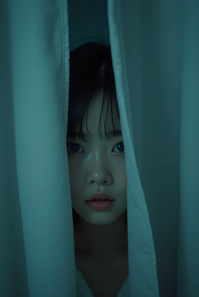 Hospital room closed with a curtain ,  only showing the face through the gap in the curtain,  eyes staring at viewers , Korean women with big eyes