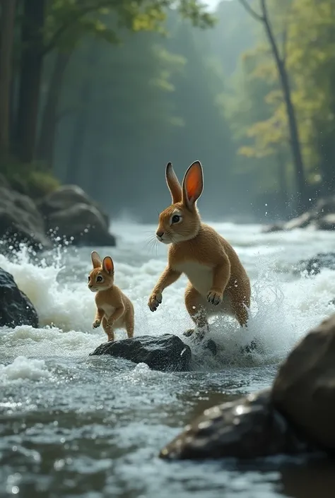 A fearless rabbit guiding a lost lion cub across a raging river, hopping from one rock to another."