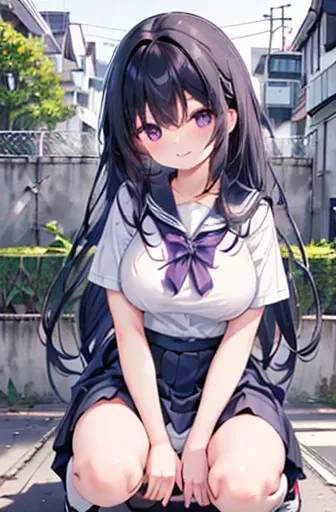  elementary school girl, ,  very big breasts 、,  black hair, Long Hair,  purple eyes, smile（1 person） Plain white T-shirt　 black miniskirt and white panties （（  See Her Panties ）） white socks 　 sneakers　 garden　Squatting in front of a bike 　 dynamic angle ...