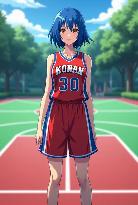 Konan from Naruto anime with basketball jersey and basketball court background 