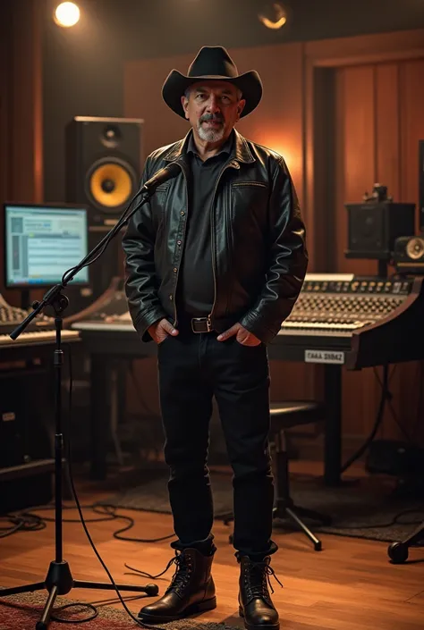  Indonesian man aged 38 years old with short hair straight body wearing leather jacket black jeans booth shoes,wearing a cowboy hat singing in front of the mic facing the camera inside the music studio  . realistic focus  