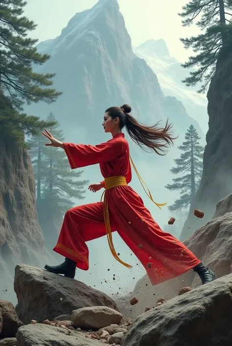  Woman in 1 (((Brown Hair、fish-bone braid hair)))、(((Red Chinese uniform、Yellow belt on the waist、 black kung fu shoes)))、((( punch a huge 岩山 ２Break it into pieces )))、(((pine tree、Mountain top、Fog)))