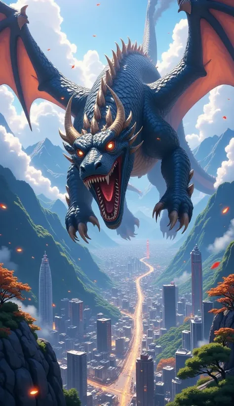 Um dragão assustador voando sob o Japão. 
32k anime style, HDR, UHD, intricate detail, extremely intricate detail, hyperrealistic, extremely realistic, high quality, vivid color, extremely detailed.