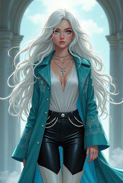 in the Human Comics style create a character, Leeah a white girl with long silver hair and light blue eyes, radiated an aura of serenity. She wears a coat in the color #1b48b3 with silver-white details with an open neckline on the breasts, long white boots...