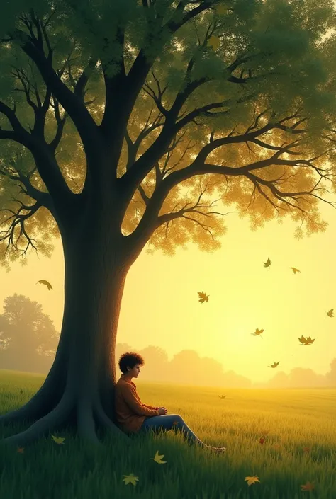 A large tree at sunset ,  a person sitting below that tree leaves flying with the wind on a beautiful field 

((  Picture for the cover of a profile on X ))