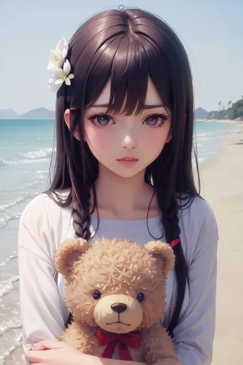  There is a woman holding a teddy bear on the beach,  Cute Realistic Portrait ,  cute anime girl ,  cute girl anime visual, smooth anime cg art, Guweiz-style work , portrait of  cute anime girl , Cute portrait,  beautiful animated portrait with rainbow-col...